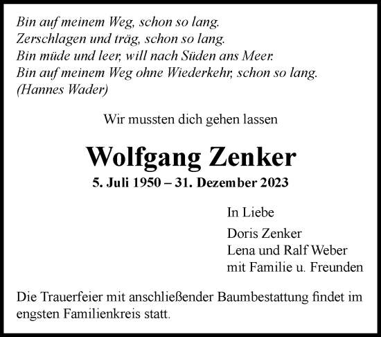 Traueranzeige von Wolfgang Zenker von Leonberger Kreiszeitung / Strohgäu Extra