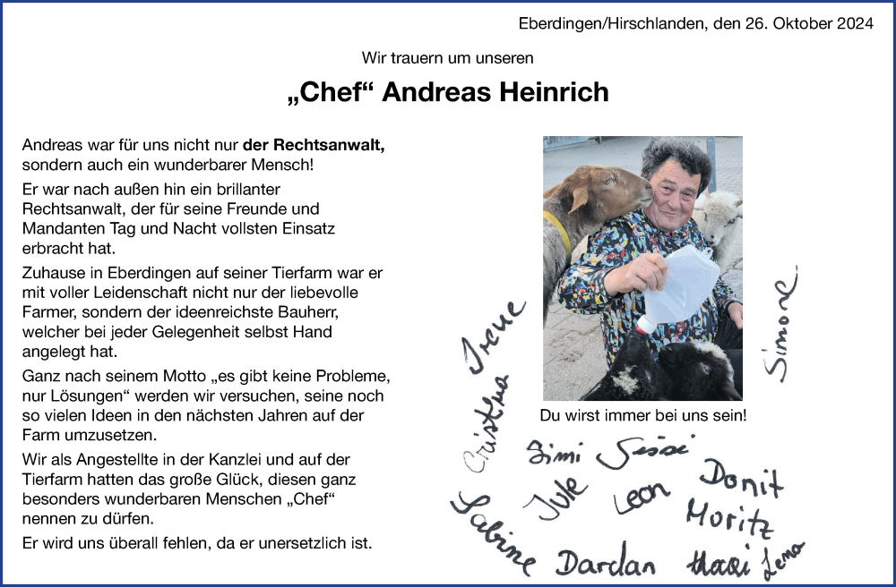  Traueranzeige für Andreas Heinrich vom 26.10.2024 aus Leonberger Kreiszeitung / Strohgäu Extra