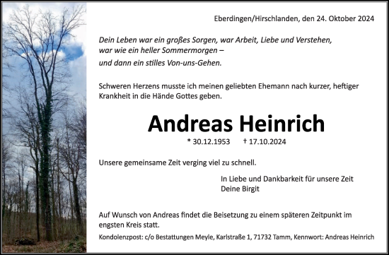 Traueranzeige von Andreas Heinrich von Leonberger Kreiszeitung / Strohgäu Extra