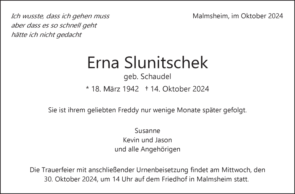  Traueranzeige für Erna Slunitschek vom 26.10.2024 aus Leonberger Kreiszeitung / Strohgäu Extra