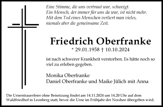 Traueranzeige von Friedrich Oberfranke von Leonberger Kreiszeitung / Strohgäu Extra