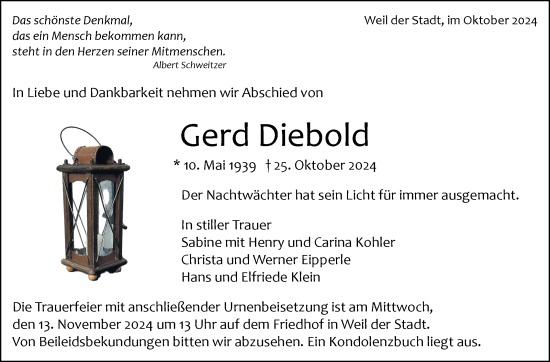 Traueranzeige von Gerd Diebold von Leonberger Kreiszeitung / Strohgäu Extra