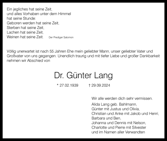 Traueranzeige von Günter Lang von Leonberger Kreiszeitung / Strohgäu Extra