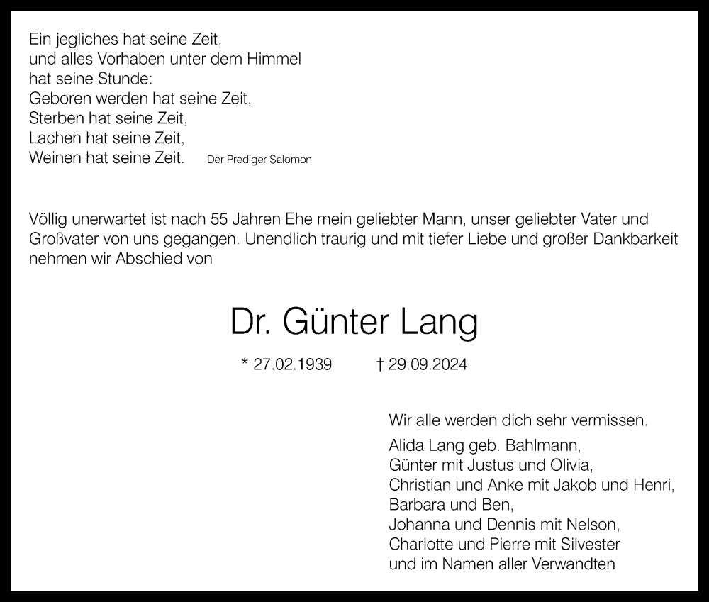  Traueranzeige für Günter Lang vom 12.10.2024 aus Leonberger Kreiszeitung / Strohgäu Extra