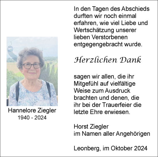 Traueranzeige von Hannelore Ziegler von Leonberger Kreiszeitung / Strohgäu Extra