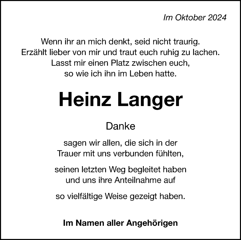  Traueranzeige für Heinz Langer vom 25.10.2024 aus Leonberger Kreiszeitung / Strohgäu Extra