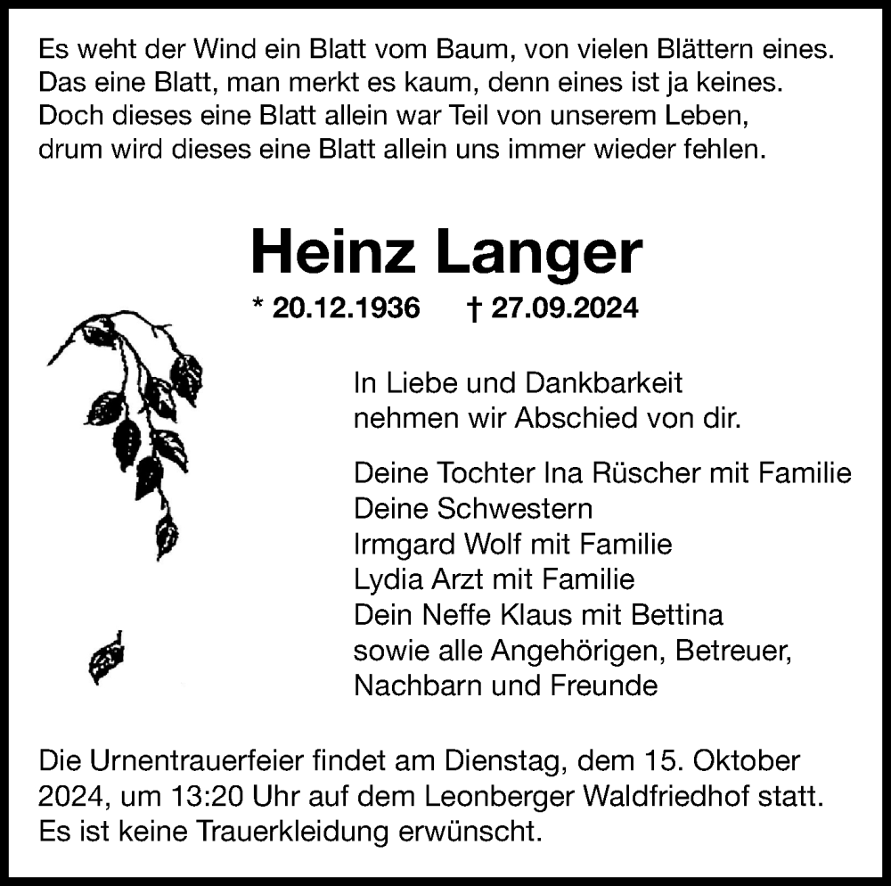  Traueranzeige für Heinz Langer vom 05.10.2024 aus Leonberger Kreiszeitung / Strohgäu Extra