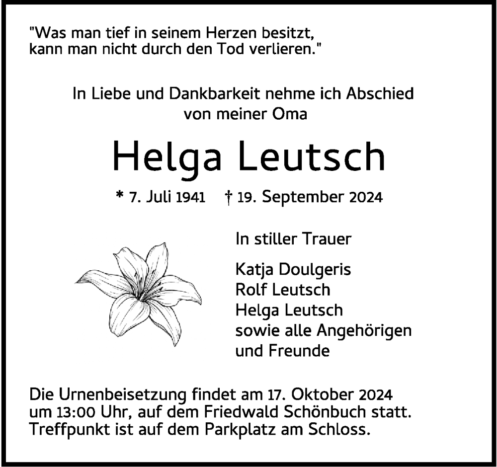  Traueranzeige für Helga Leutsch vom 05.10.2024 aus Leonberger Kreiszeitung / Strohgäu Extra
