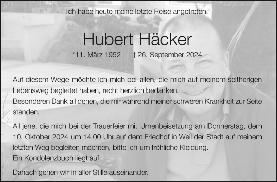 Traueranzeige von Hubert Häcker von Leonberger Kreiszeitung / Strohgäu Extra