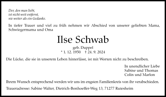 Traueranzeige von Ilse Schwab von Leonberger Kreiszeitung / Strohgäu Extra