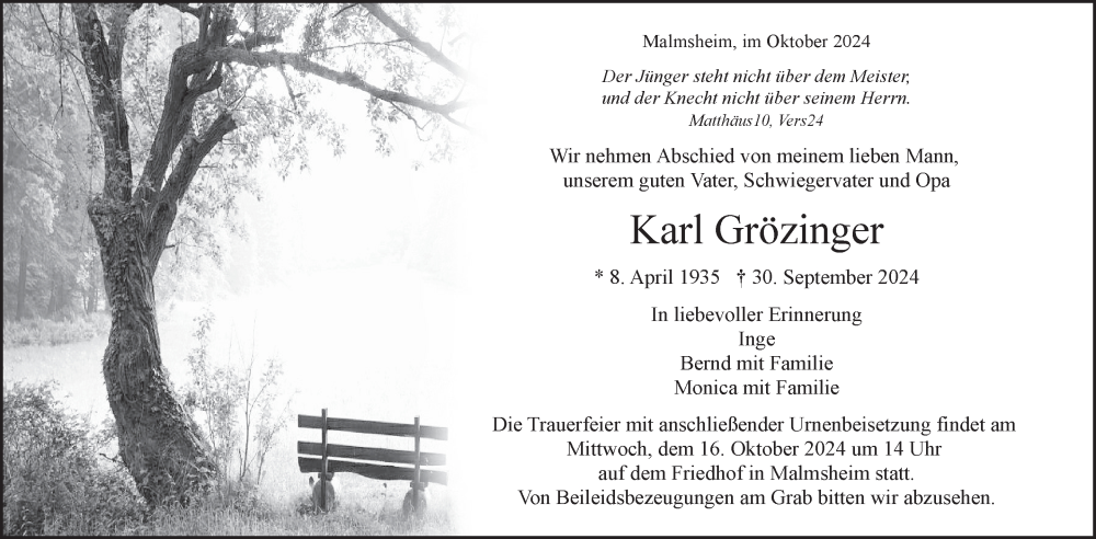  Traueranzeige für Karl Grözinger vom 12.10.2024 aus Leonberger Kreiszeitung / Strohgäu Extra