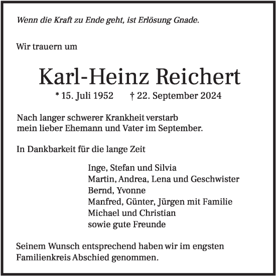 Traueranzeige von Karl-Heinz Reichert von Leonberger Kreiszeitung / Strohgäu Extra
