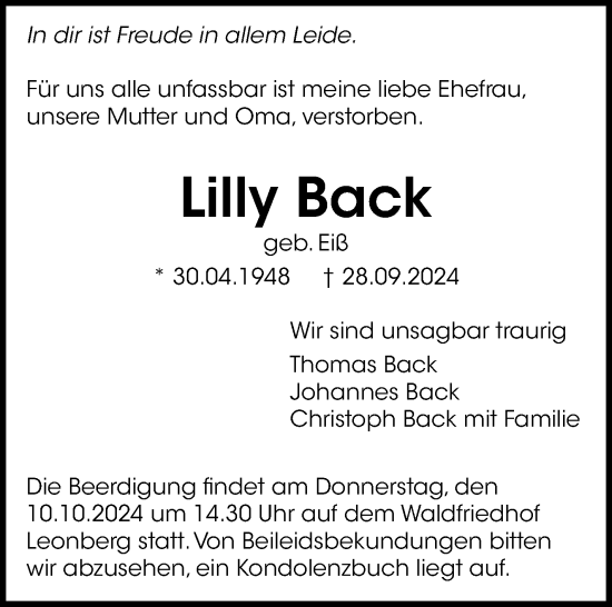 Traueranzeige von Lilly Back von Leonberger Kreiszeitung / Strohgäu Extra