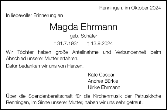 Traueranzeige von Magda Ehrmann von Leonberger Kreiszeitung / Strohgäu Extra