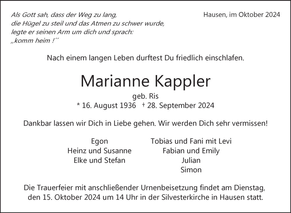  Traueranzeige für Marianne Kappler vom 10.10.2024 aus Leonberger Kreiszeitung / Strohgäu Extra