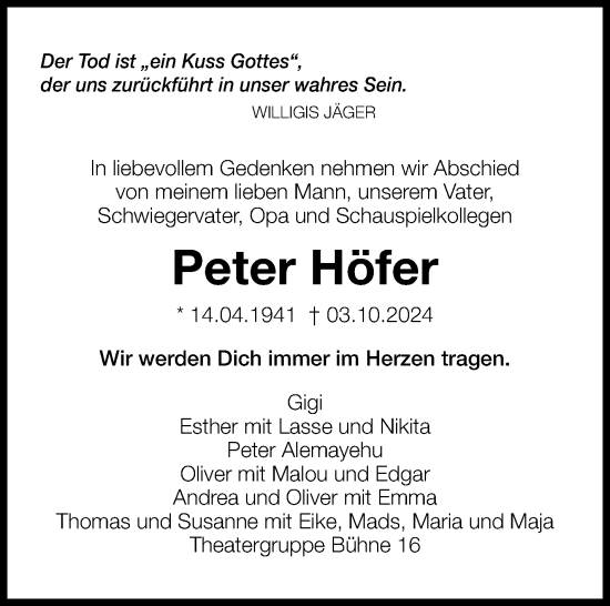 Traueranzeige von Peter Höfer von Leonberger Kreiszeitung / Strohgäu Extra