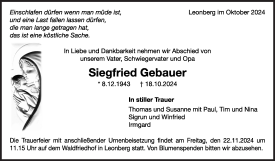 Traueranzeige von Siegfried Gebauer von Leonberger Kreiszeitung / Strohgäu Extra