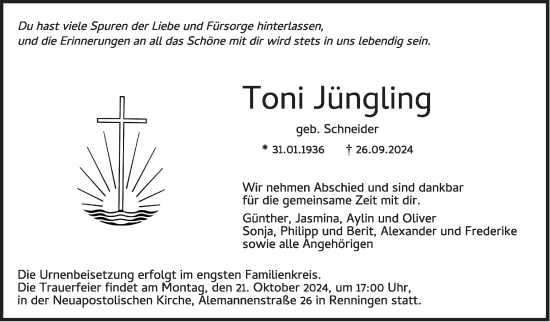 Traueranzeige von Toni Jüngling von Leonberger Kreiszeitung / Strohgäu Extra