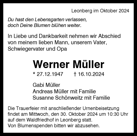 Traueranzeige von Werner Müller von Leonberger Kreiszeitung / Strohgäu Extra
