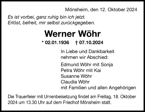 Traueranzeige von Werner Wöhr von Leonberger Kreiszeitung / Strohgäu Extra
