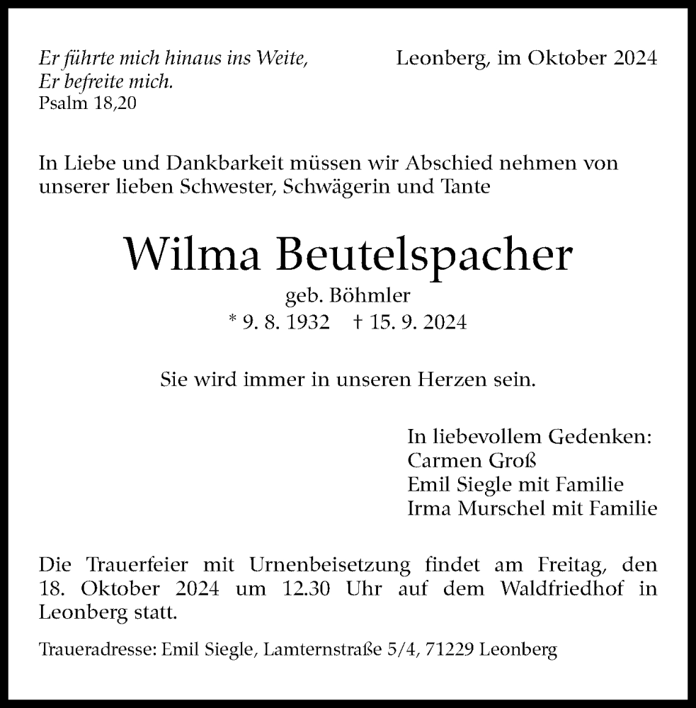  Traueranzeige für Wilma Beutelspacher vom 09.10.2024 aus Leonberger Kreiszeitung / Strohgäu Extra