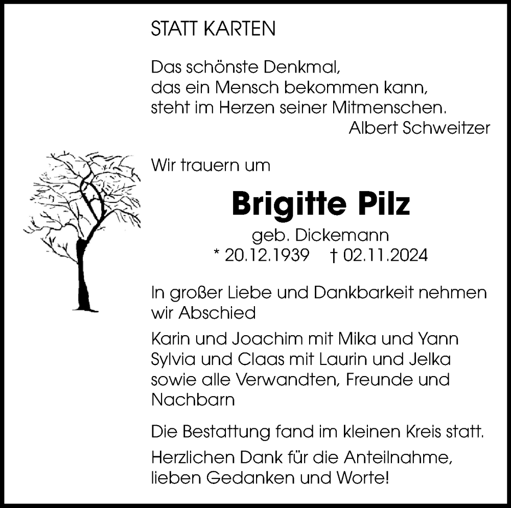  Traueranzeige für Brigitte Pilz vom 29.11.2024 aus Leonberger Kreiszeitung / Strohgäu Extra