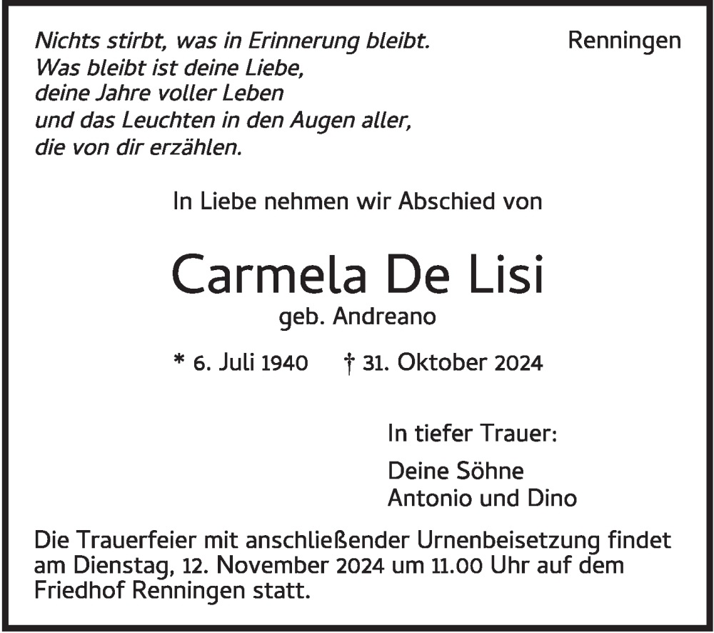 Traueranzeige für Carmela  De Lisi vom 07.11.2024 aus Leonberger Kreiszeitung / Strohgäu Extra