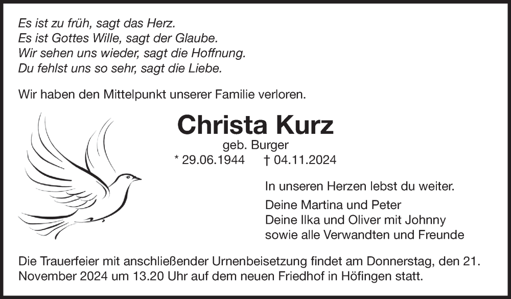  Traueranzeige für Christa Kurz vom 15.11.2024 aus Leonberger Kreiszeitung / Strohgäu Extra