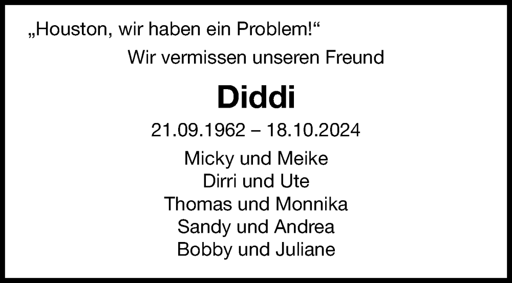  Traueranzeige für Diddi  vom 04.11.2024 aus Leonberger Kreiszeitung / Strohgäu Extra