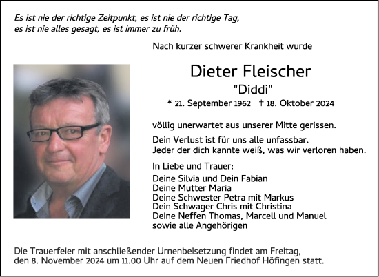 Traueranzeige von Dieter Fleischer von Leonberger Kreiszeitung / Strohgäu Extra