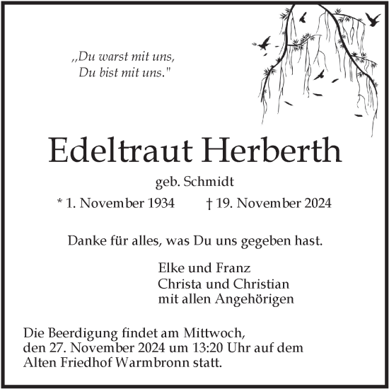 Traueranzeige von Edeltraud Herberth von Leonberger Kreiszeitung / Strohgäu Extra