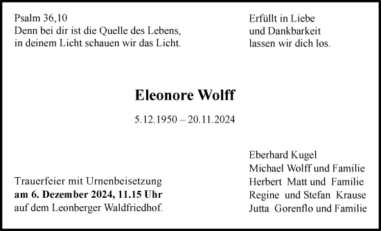 Traueranzeige von Elenore Wolff von Leonberger Kreiszeitung / Strohgäu Extra