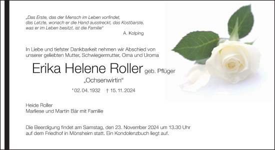 Traueranzeige von Erika  Roller von Leonberger Kreiszeitung / Strohgäu Extra
