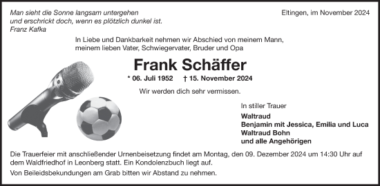Traueranzeige von Frank Schäffer von Leonberger Kreiszeitung / Strohgäu Extra