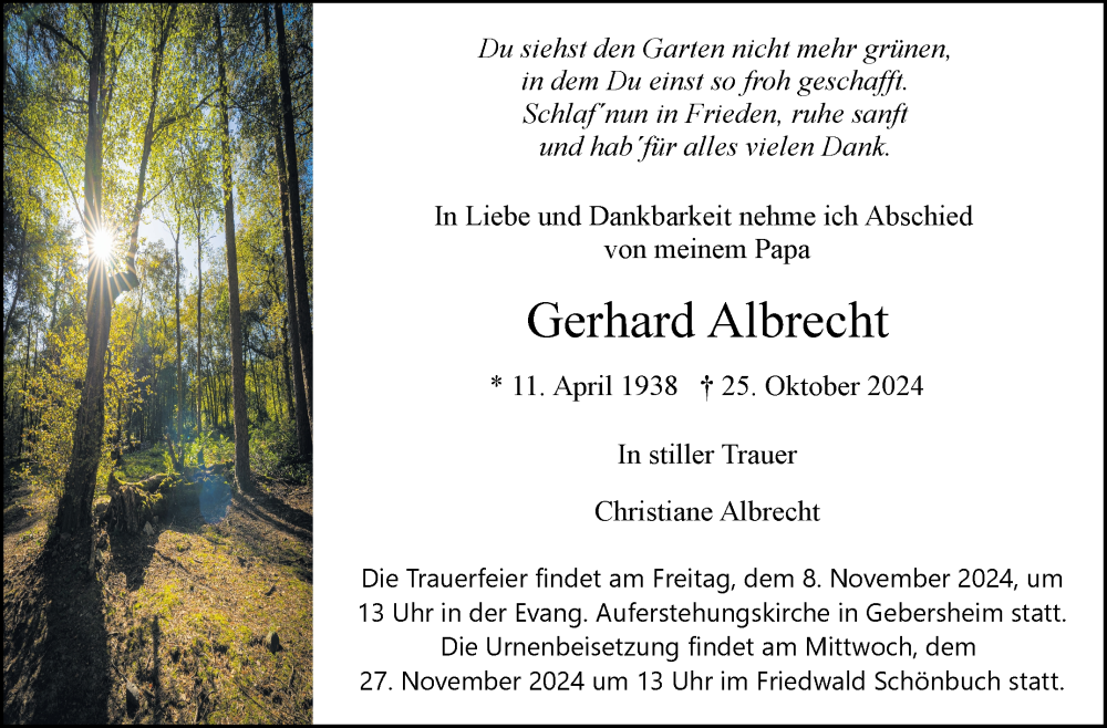  Traueranzeige für Gerhard Albrecht vom 02.11.2024 aus Leonberger Kreiszeitung / Strohgäu Extra