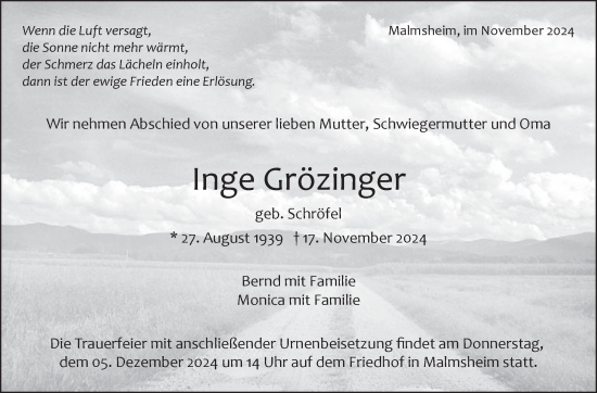 Traueranzeige von Inge Grözinger von Leonberger Kreiszeitung / Strohgäu Extra