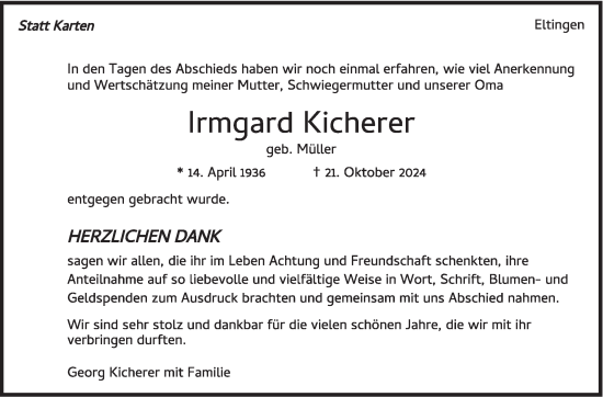 Traueranzeige von Irmgard Kicherer von Leonberger Kreiszeitung / Strohgäu Extra