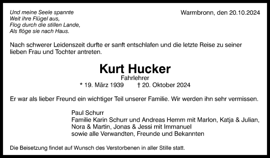 Traueranzeige von Kurt Hucker von Leonberger Kreiszeitung / Strohgäu Extra