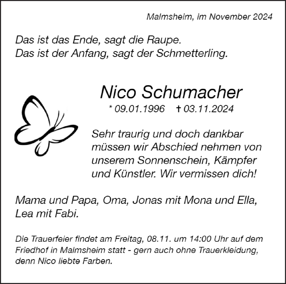 Traueranzeige für Nico Schumacher vom 07.11.2024 aus Leonberger Kreiszeitung / Strohgäu Extra