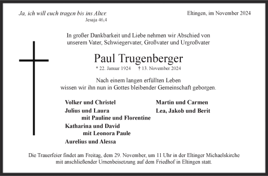 Traueranzeige von Paul Trugenberger von Leonberger Kreiszeitung / Strohgäu Extra