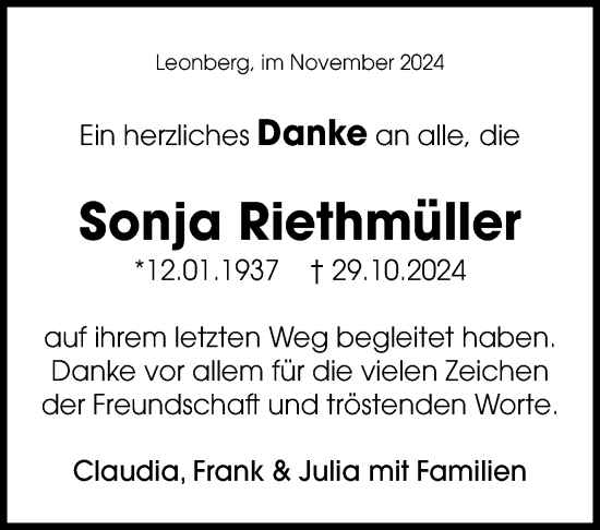 Traueranzeige von Sonja Riethmüller von Leonberger Kreiszeitung / Strohgäu Extra