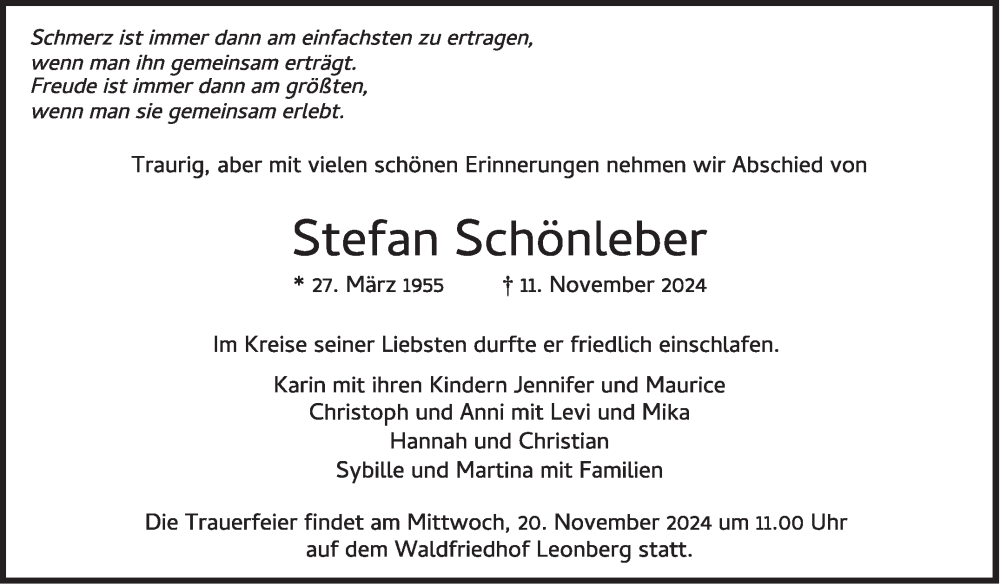  Traueranzeige für Stefan Schönleber vom 18.11.2024 aus Leonberger Kreiszeitung / Strohgäu Extra