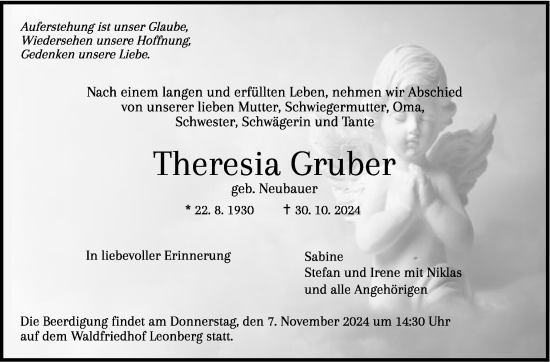 Traueranzeige von Theresia Gruber von Leonberger Kreiszeitung / Strohgäu Extra