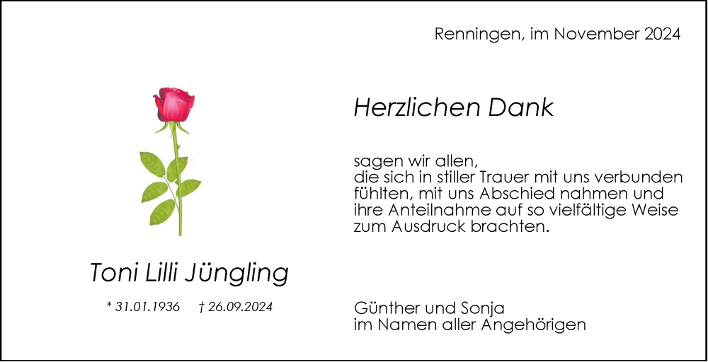  Traueranzeige für Toni Lilli Jüngling vom 09.11.2024 aus Leonberger Kreiszeitung / Strohgäu Extra