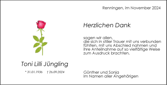 Traueranzeige von Toni Lilli Jüngling von Leonberger Kreiszeitung / Strohgäu Extra