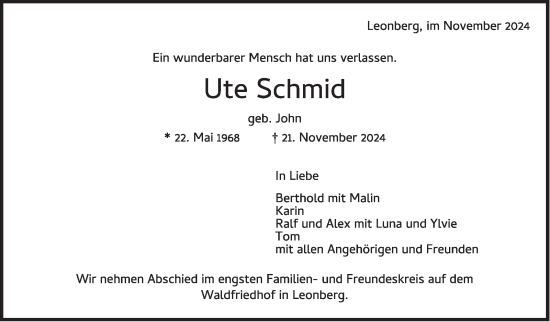Traueranzeige von Ute Schmid von Leonberger Kreiszeitung / Strohgäu Extra