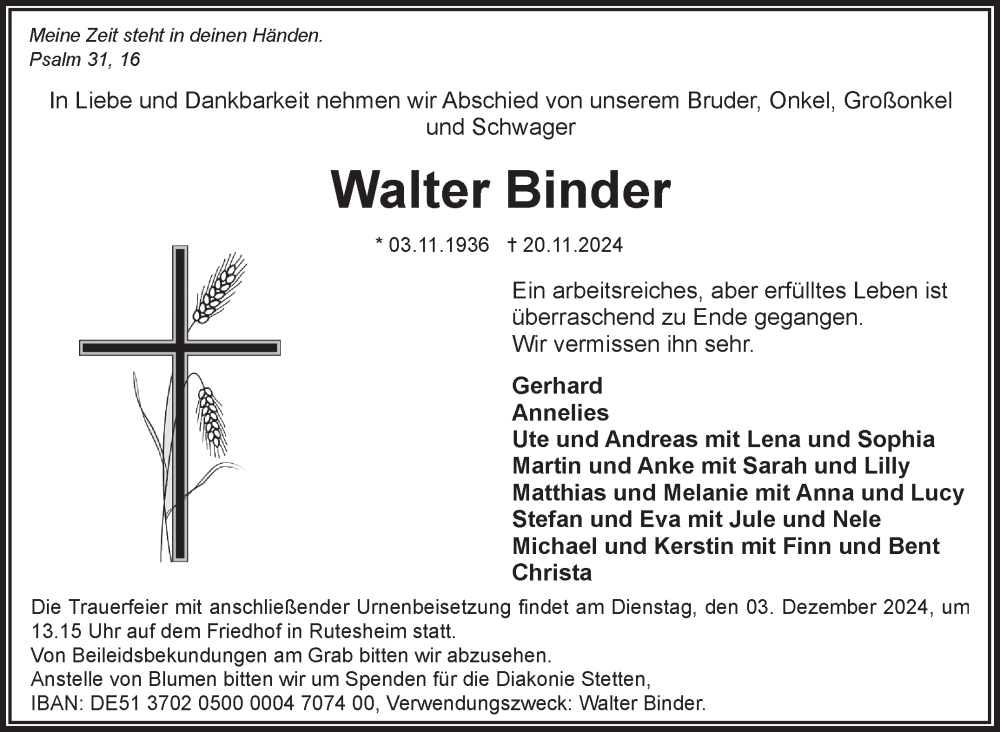  Traueranzeige für Walter Binder vom 29.11.2024 aus Leonberger Kreiszeitung / Strohgäu Extra