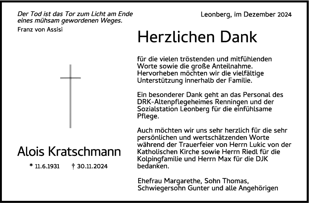  Traueranzeige für Alois Kratschmann vom 28.12.2024 aus Leonberger Kreiszeitung / Strohgäu Extra