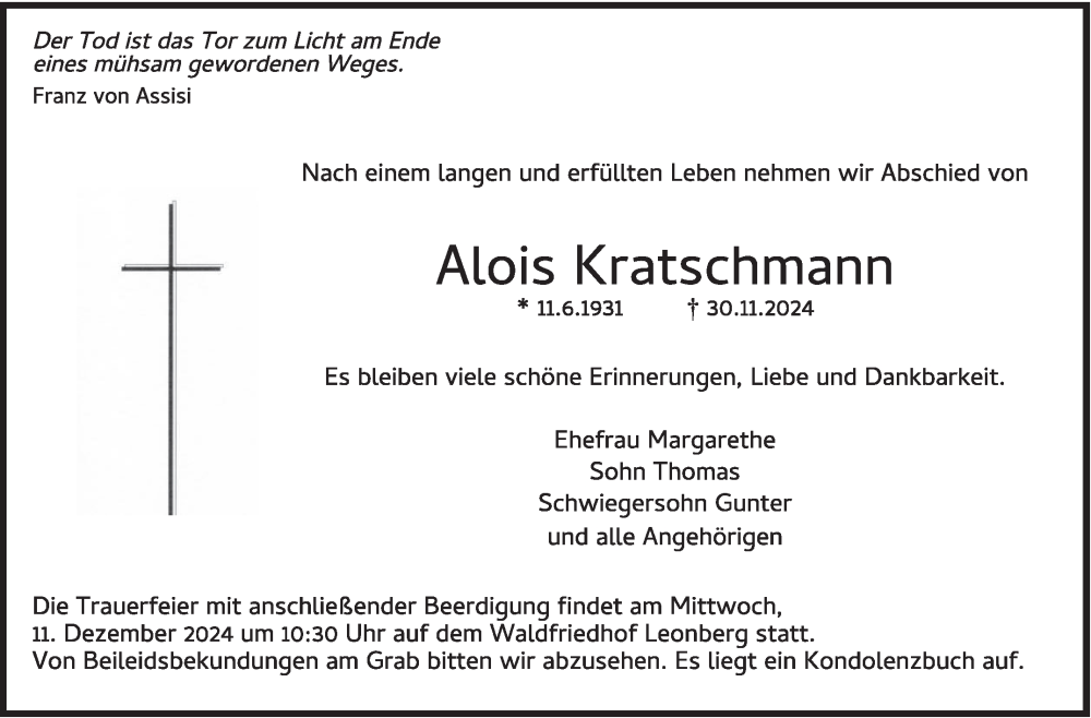  Traueranzeige für Alois Kratschmann vom 07.12.2024 aus Leonberger Kreiszeitung / Strohgäu Extra