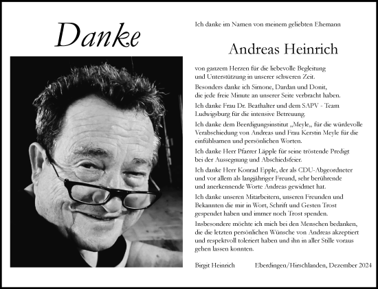 Traueranzeige von Andreas Heinrich von Leonberger Kreiszeitung / Strohgäu Extra